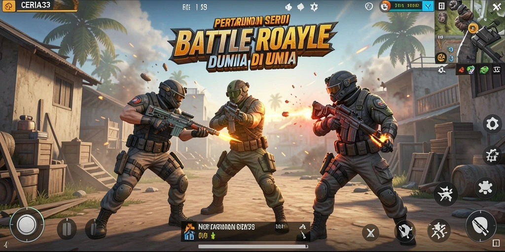 Screenshot menunjukkan pertempuran intens di dunia <strong>CERIA33</strong> Battle Royale.