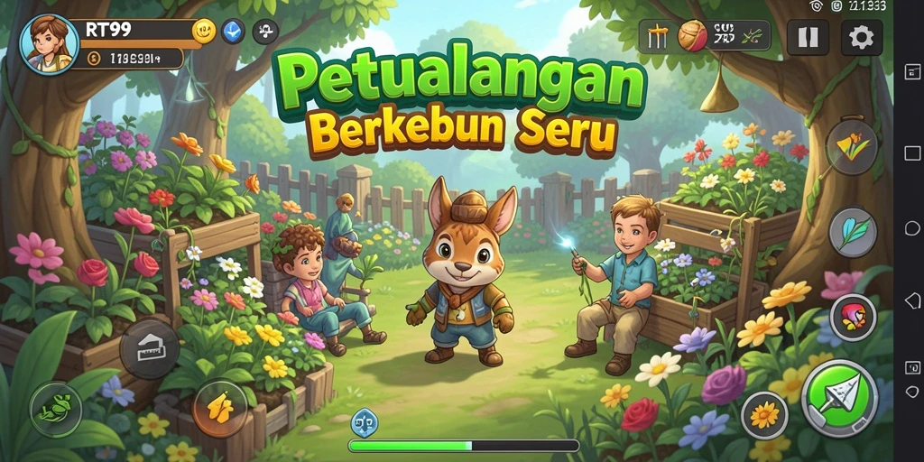 Screenshot RT99 menampilkan gameplay berkebun yang seru dan interaktif.