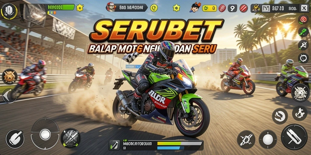 Screenshot SERUBET menampilkan aksi balapan motor yang seru dan mendebarkan.