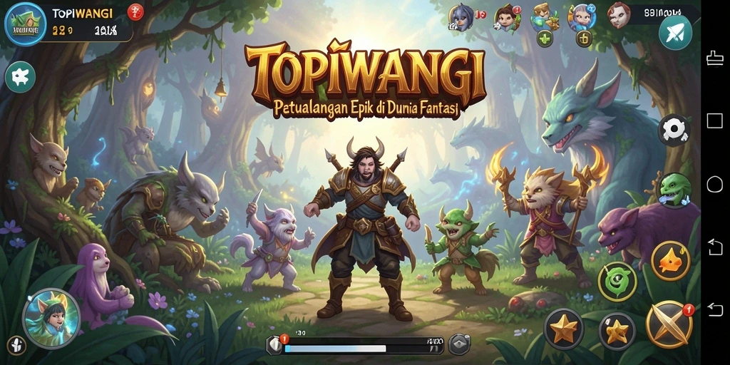 Tangkapan layar utama gameplay TOPIWANGI menampilkan pertarungan epik di dunia fantasi.